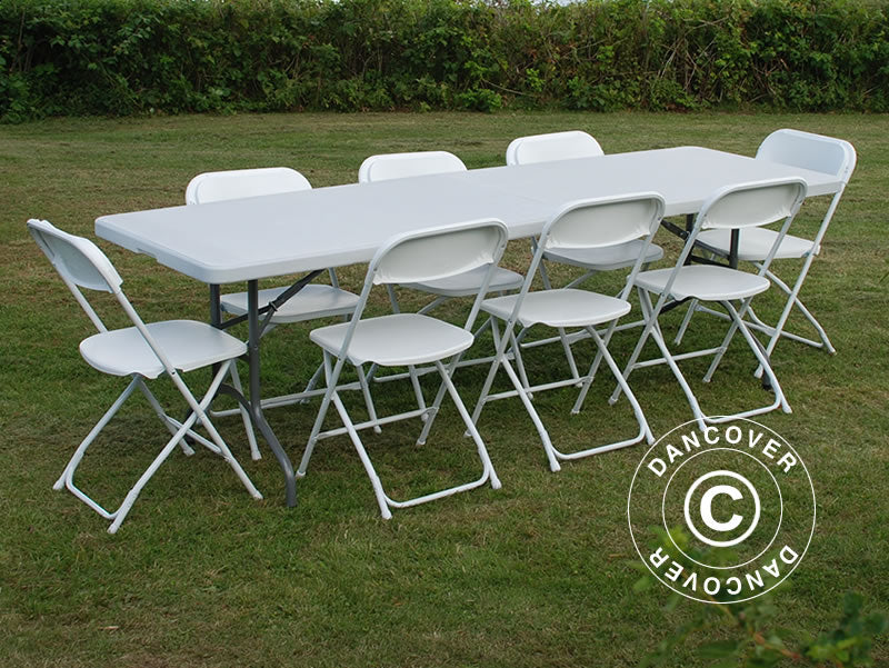 Parti forfait, 1 table pliante (240cm) + 8 chaises pliantes, Gris clair/Blanc