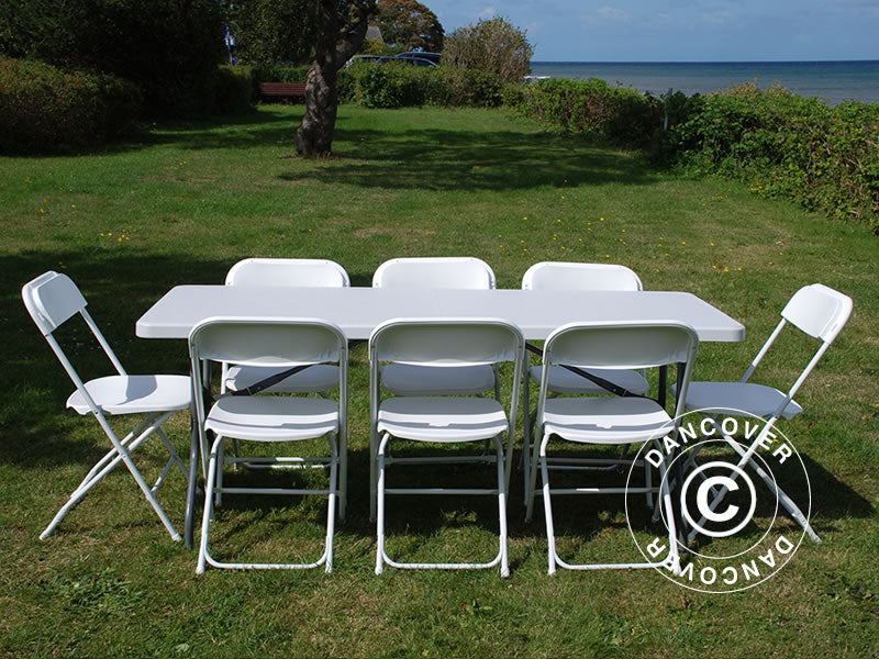 Parti forfait, 1 table pliante (180cm) + 8 chaises pliantes, Gris clair/Blanc
