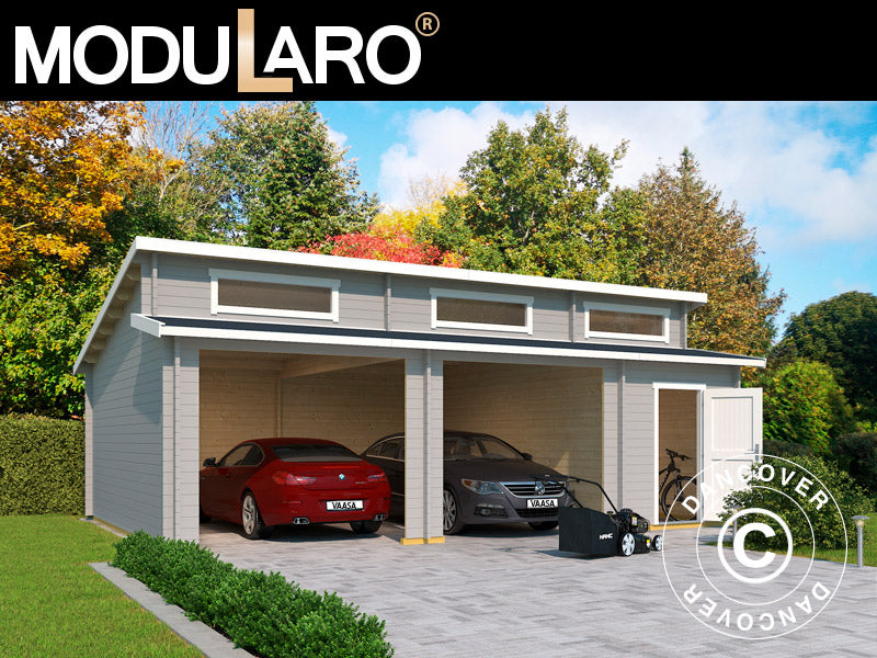 Double garage, carport en bois Vaasa, 7,8x5,2x3,21m, 44mm, Gris clair
