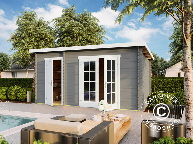 Holzschuppen, Gartenhaus Riga 4,25x2,8x2,22m, 34mm, 11,3m², Hellgrau