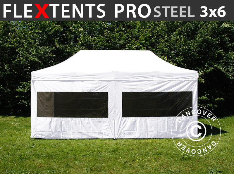 Faltzelt FleXtents PRO Steel 3x6m Weiß, mit 6 Seitenwänden