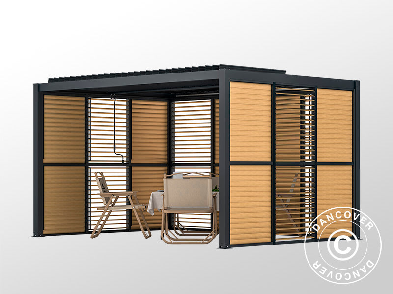 Paroi avec persiennes pour pergola bioclimatique San Pablo, 1,23x2,175m, Finition bois/Noir