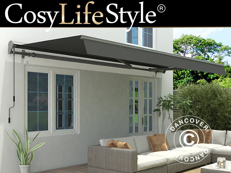 Store banne avec manivelle, 3,95x3m, Gris/Cadre gris