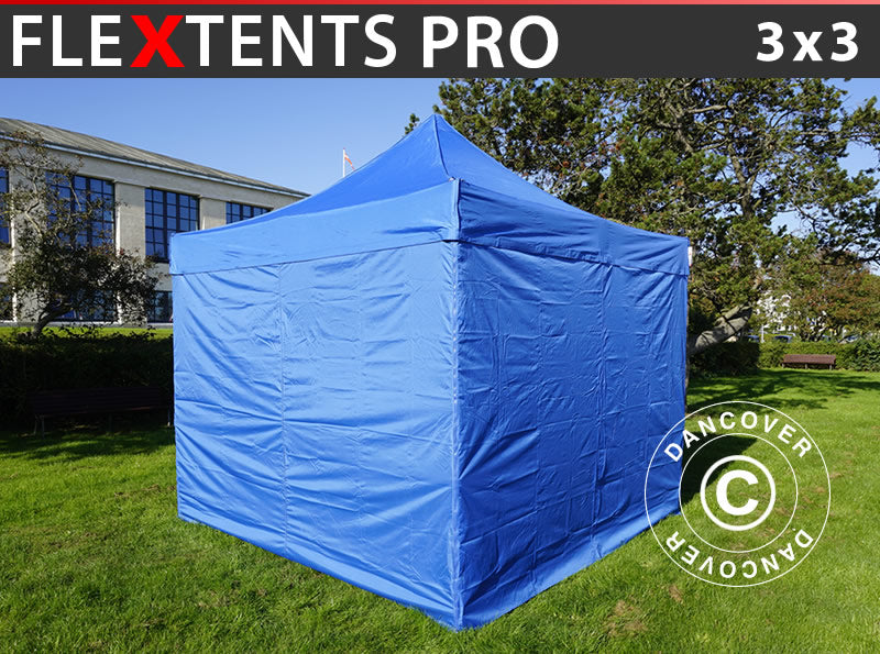 Faltzelt FleXtents PRO 3x3m Blau, mit 4 Seitenwänden