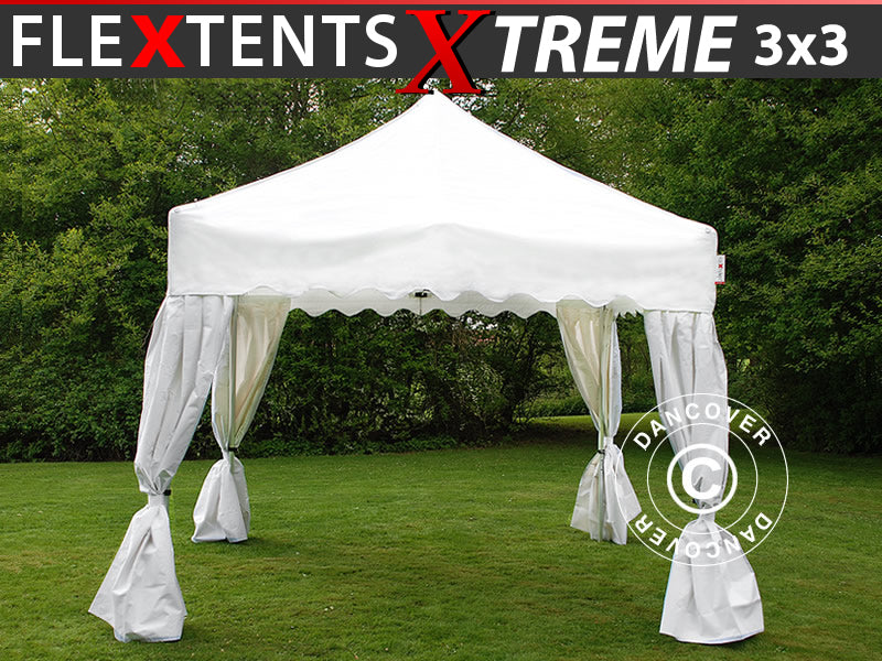 Tente Pliante FleXtents Xtreme 50 "Wave" 3x3m Blanc, avec 4 rideaux decoratifs