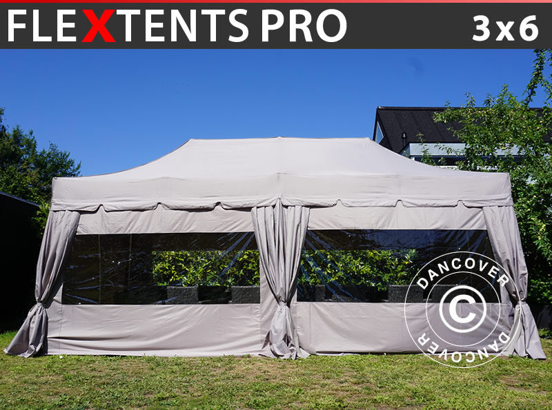 Tente pliante FleXtents PRO "Peaked" 3x6m Latte, incl. 6 parois latérales et 6 rideaux décoratifs