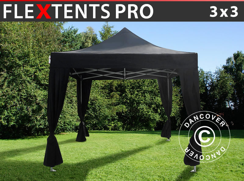 Tente pliante FleXtents PRO 3x3m Noir, incl. 4 rideaux decoratifs