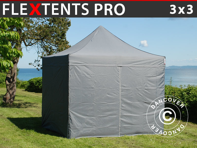 Tente pliante FleXtents PRO 3x3m Gris, avec 4 cotés