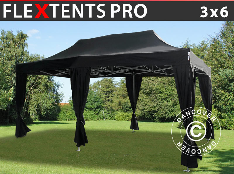 Tente pliante FleXtents PRO 3x6m Noir, incl. 6 rideaux decoratifs