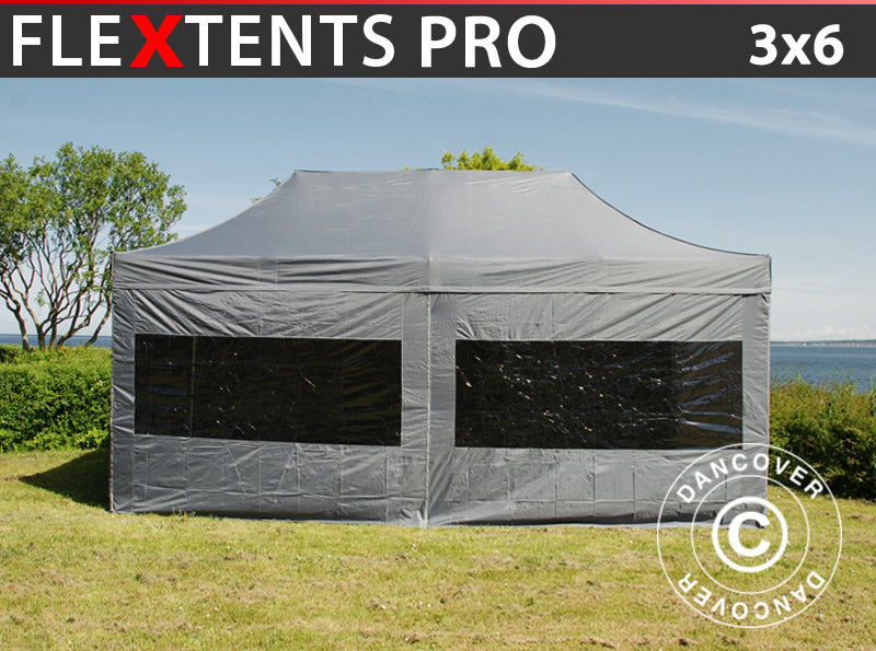 Faltzelt FleXtents PRO 3x6m Grau, mit 6 Seitenwänden