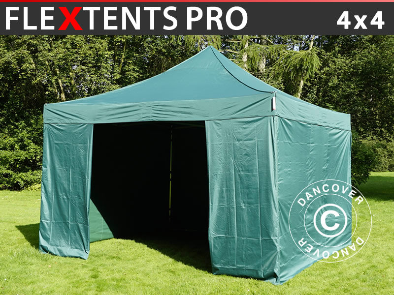 Tente pliante FleXtents PRO 4x4m Vert, avec 4 cotés