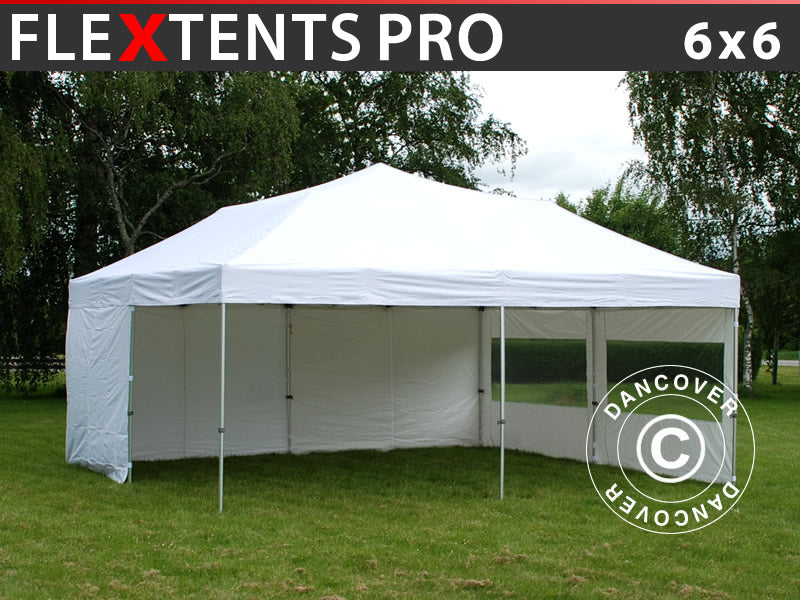 Faltzelt FleXtents PRO 6x6m Weiß, mit 8 Seitenwänden