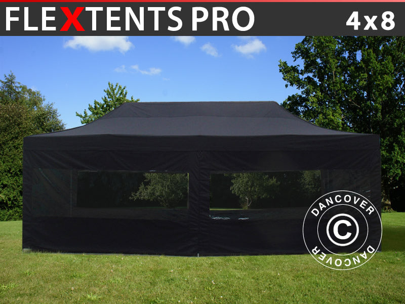Tente Pliante FleXtents PRO 4x8m Noir, avec 6 cotés