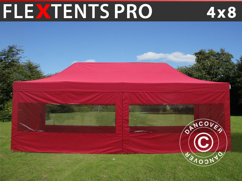 Faltzelt FleXtents PRO 4x8m Rot, mit 6 Seitenwänden