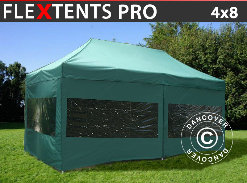 Tente pliante FleXtents PRO 4x8m Vert, avec 6 cotés