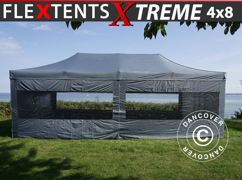Faltzelt FleXtents Xtreme 50 4x8m Grau, mit 6 Seitenwänden