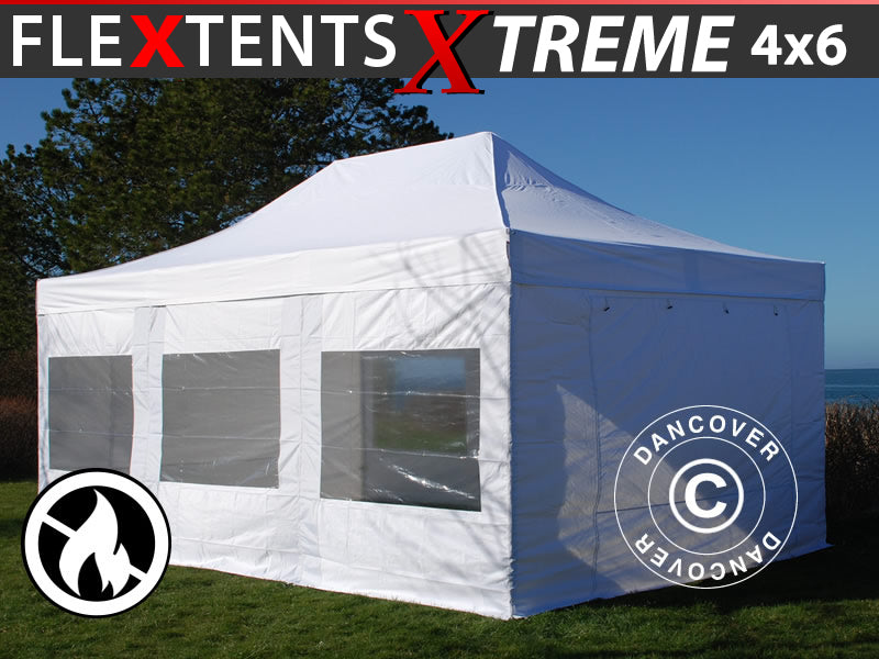 Faltzelt FleXtents Xtreme 50 4x6m Weiß, Flammenhemmend, mit 8 Seitenwänden
