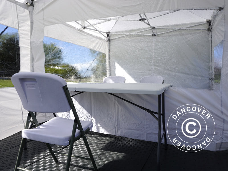 Tente pour visiteur FleXtents PRO 4x6m blanc, incl. 8 parois et 1 paroi de séparation transparente