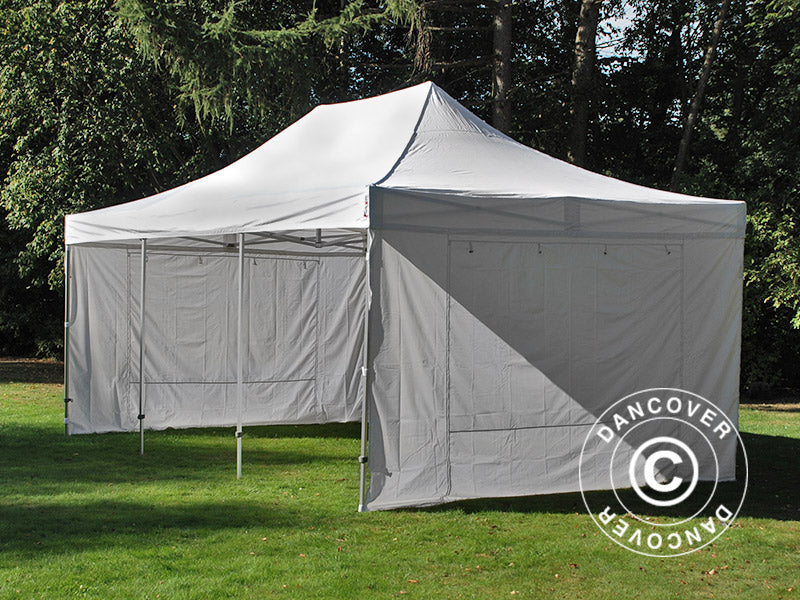 Tente pour visiteur FleXtents PRO 4x6m blanc, incl. 8 parois et 1 paroi de séparation transparente