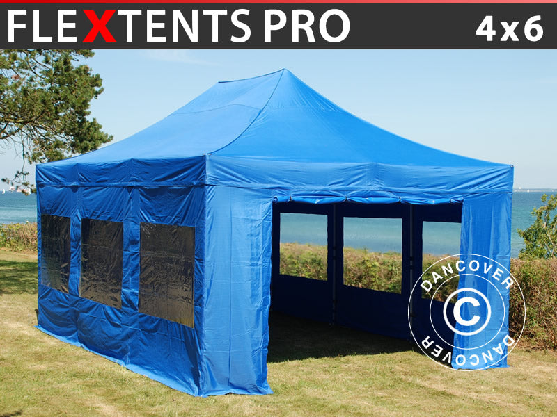 Faltzelt FleXtents PRO 4x6m Blau, mit 8 Seitenwänden