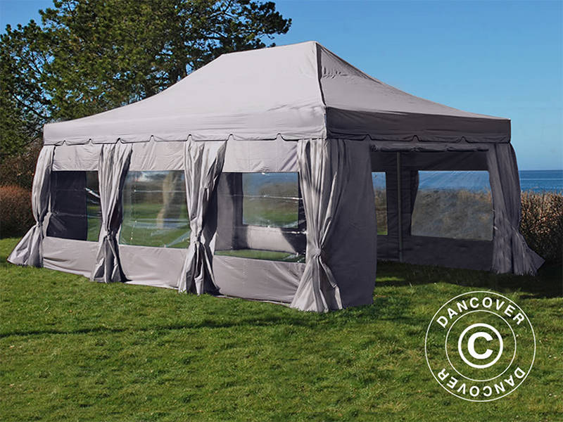 Faltzelt FleXtents PRO "Peaked" 4x6m Latte, mit 8 Seitenwänden & Gardinen
