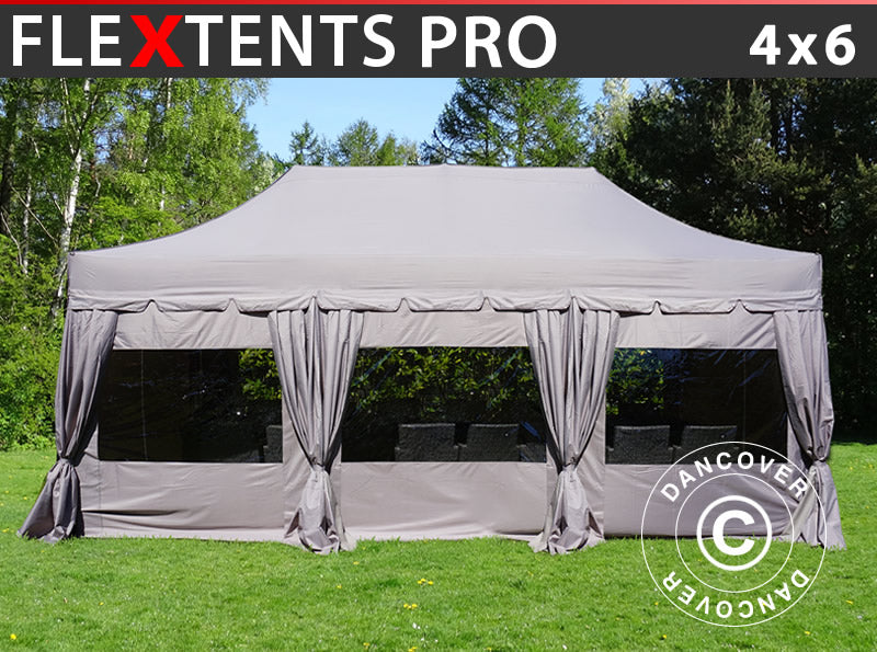Faltzelt FleXtents PRO "Peaked" 4x6m Latte, mit 8 Seitenwänden & Gardinen