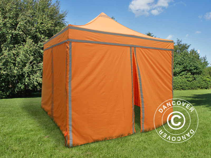 Gazebo pieghevole FleXtents PRO Steel, Tenda da lavoro 3x3m Arancione Riflettente, inclusi 4 fianchi