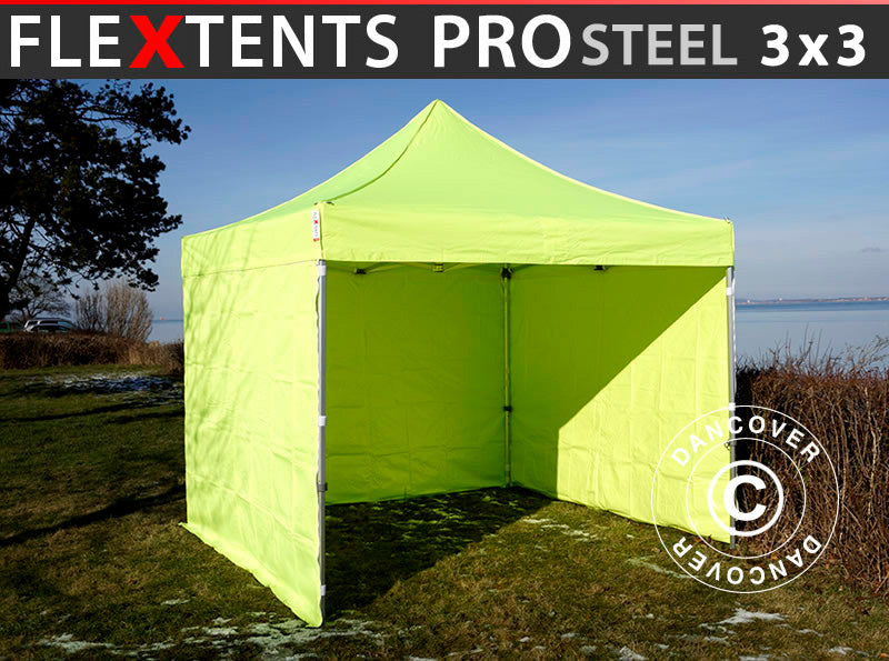Faltzelt FleXtents PRO Steel 3x3m Neongelb/grün, mit 4 Seitenwänden NUR 1 ST. ÜBRIG