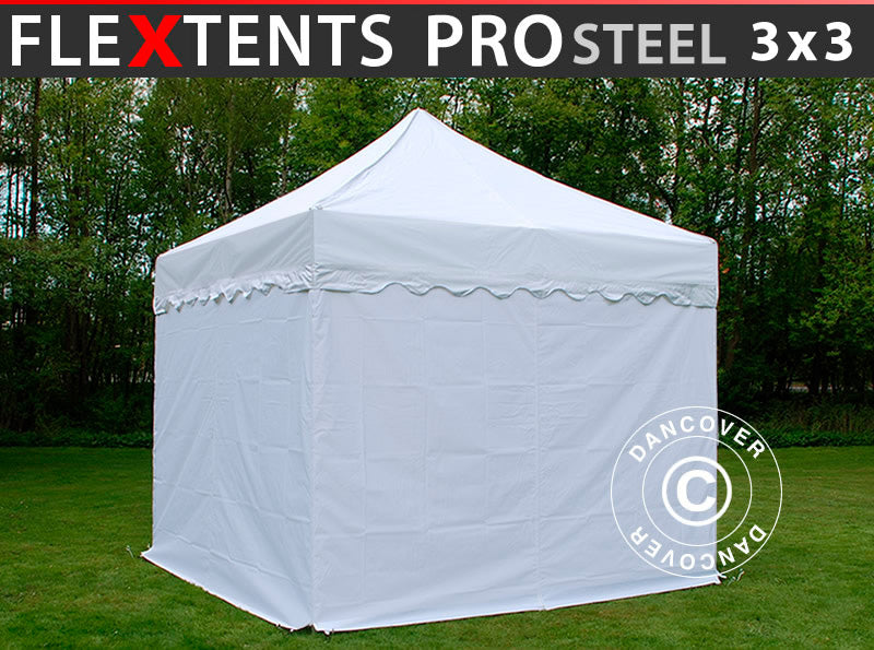 Faltzelt FleXtents PRO Steel "Wave" 3x3m Weiß, mit 4 Seitenwänden