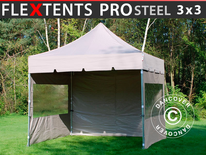 Tente Pliante FleXtents PRO Steel "Peaked" 3x3m Latte, avec 4 cotés