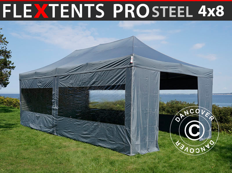 Gazebo pieghevole FleXtents PRO Steel 4x8m Grigio, inclusi 6 fianchi