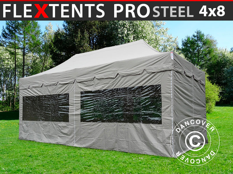 Gazebo pieghevole FleXtents PRO Steel "Peaked" 4x8m Latte, incl. 6 fianchi