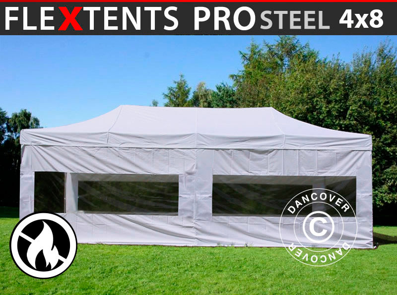 Tente pliante FleXtents PRO Steel 4x8m Blanc, Ignifugé, avec 6 cotés
