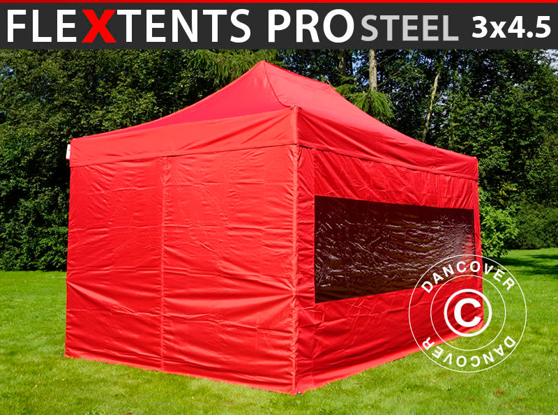 Tente pliante FleXtents PRO Steel 3x4,5m, Rouge, avec 4 cotés