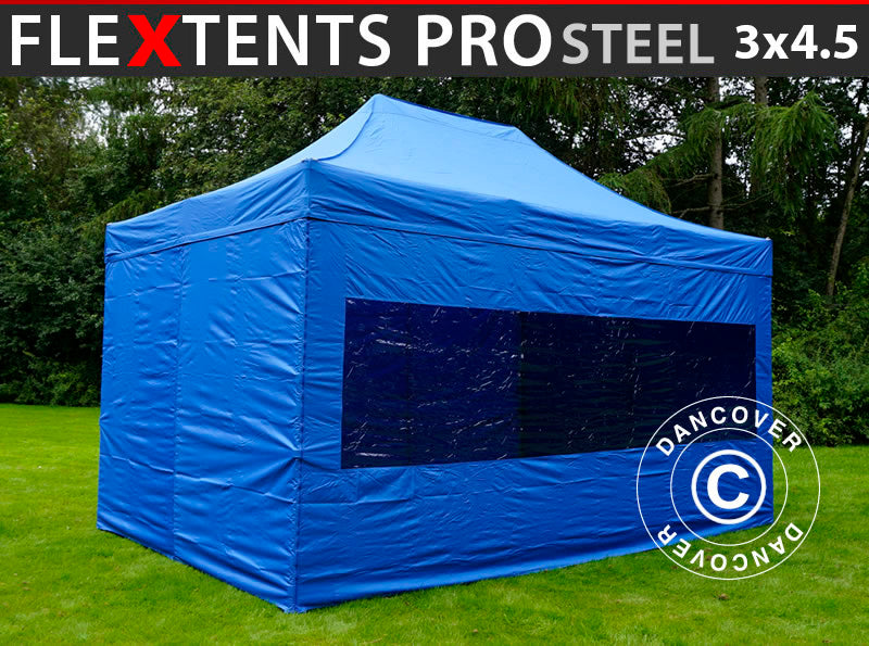 Tente pliante FleXtents PRO Steel 3x4,5m, Bleu, avec 4 cotés