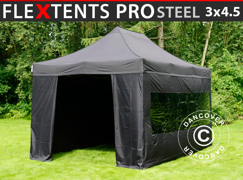 Tente pliante FleXtents PRO Steel 3x4,5m, Noir, avec 4 cotés