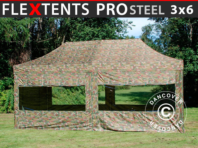 Tente Pliante FleXtents PRO Steel 3x6m Camouflage, avec 6 cotés