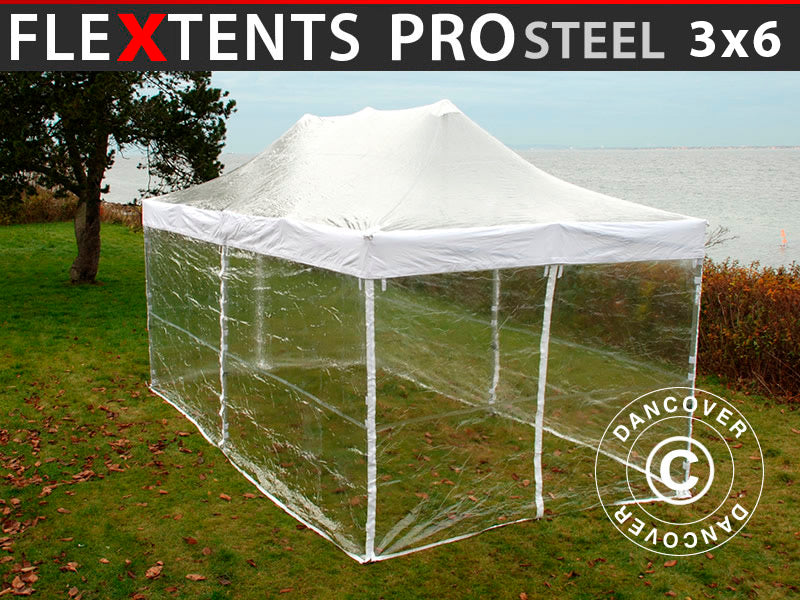 Faltzelt FleXtents PRO Steel 3x6m Transparent, mit 6 Seitenwänden