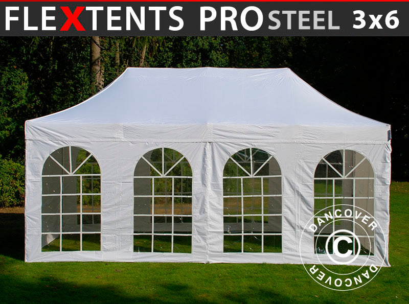 Faltzelt FleXtents PRO Steel Vintage Style 3x6m Weiß, mit 6 Seitenwänden