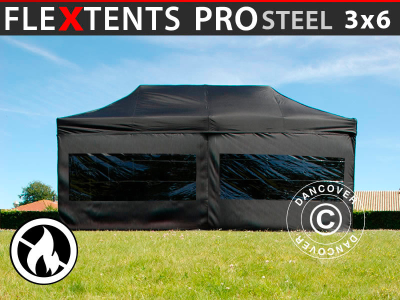 Gazebo pieghevole FleXtents PRO Steel 3x6m Nero, Ignifugo, incl. 6 fianchi