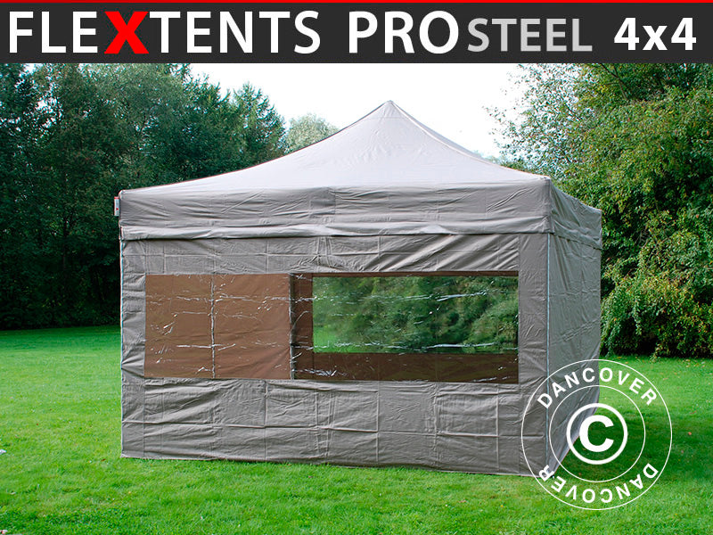 Faltzelt FleXtents PRO Steel 4x4m Latte, mit 4 Seitenwänden