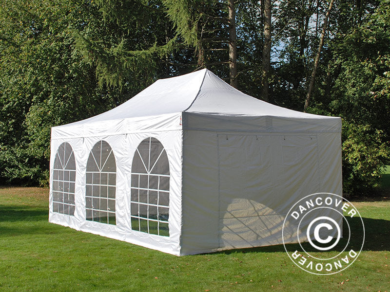Faltzelt FleXtents PRO Steel Vintage Style 4x6m Weiß, mit 8 Seitenwänden