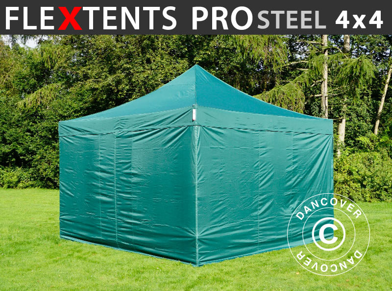 Gazebo pieghevole FleXtents PRO Steel 4x4m Verde, inclusi 4 fianchi
