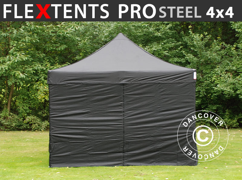 Gazebo pieghevole FleXtents PRO Steel 4x4m Nero, inclusi 4 fianchi