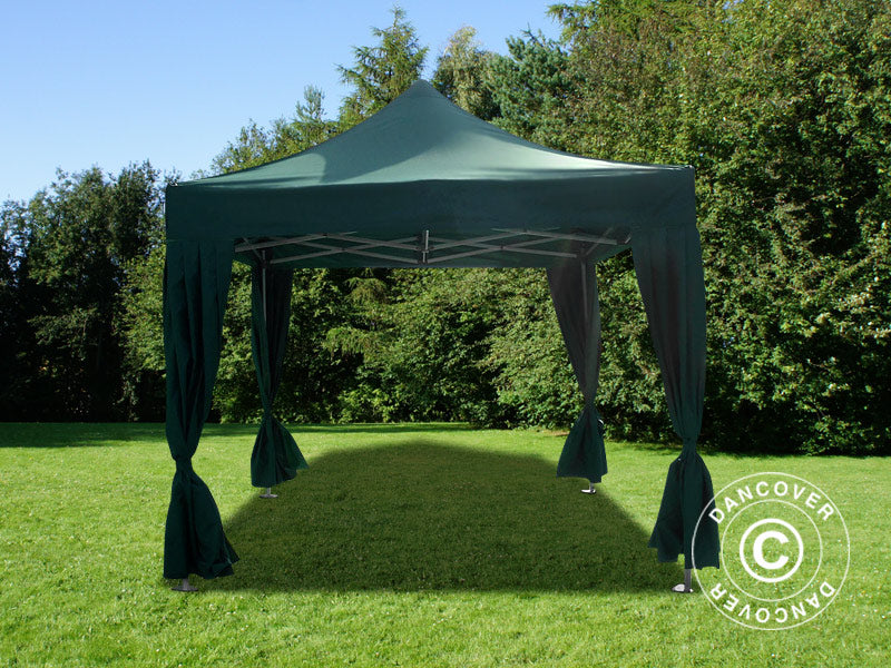 Tente pliante FleXtents PRO Steel 3x3m Vert, incl. 4 rideaux decoratifs