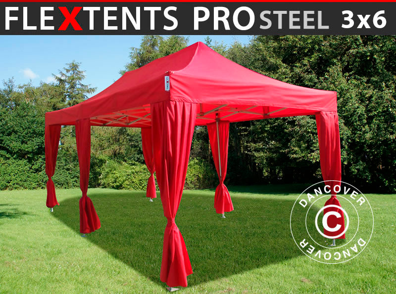 Tente pliante FleXtents PRO Steel 3x6m Rouge, incl. 6 rideaux decoratifs