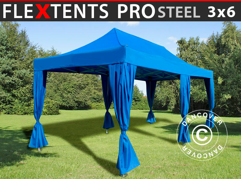 Tente pliante FleXtents PRO Steel 3x6m Bleu, incl. 6 rideaux decoratifs