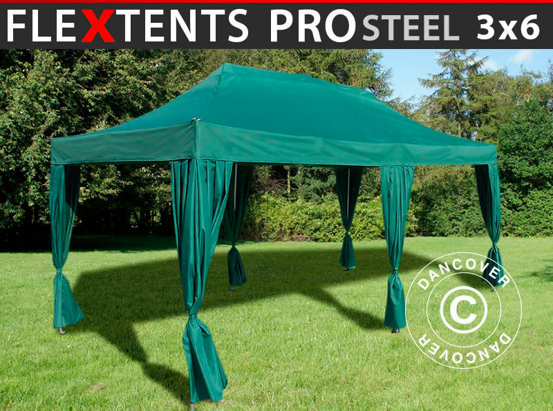 Tente pliante FleXtents PRO Steel 3x6m Vert, incl. 6 rideaux decoratifs