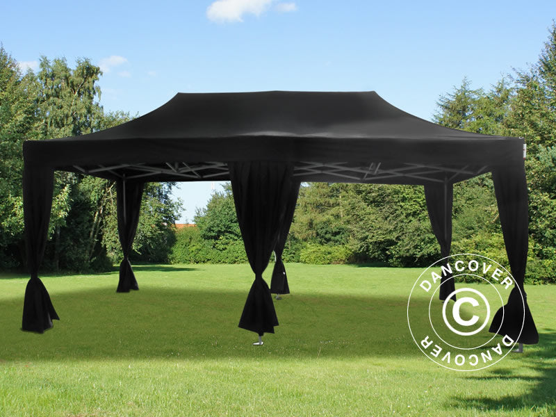 Gazebo pieghevole FleXtents PRO Steel 3x6m Nero, incl. 6 tendaggi decorativi