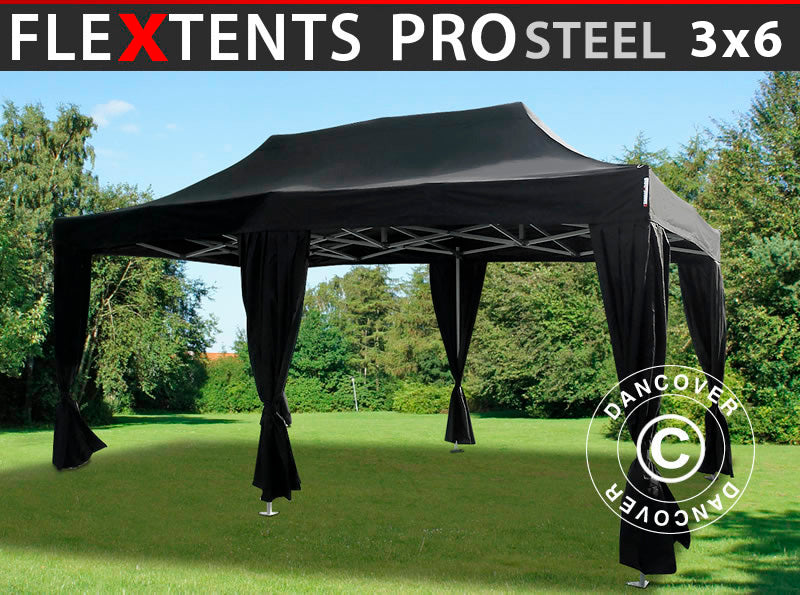 Gazebo pieghevole FleXtents PRO Steel 3x6m Nero, incl. 6 tendaggi decorativi
